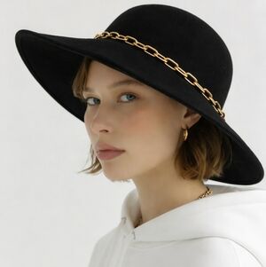 Frank Olive Neiman Marcus Vintage Black Felt Wide-Brim Hat  Gold Chain 21 1/2"